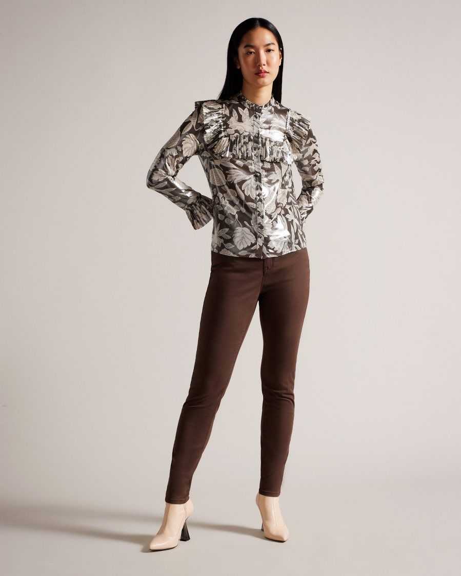 Ted Baker Dottiah Blouse With Ruffle Bib Detail Dark Brown | 5819372-NB