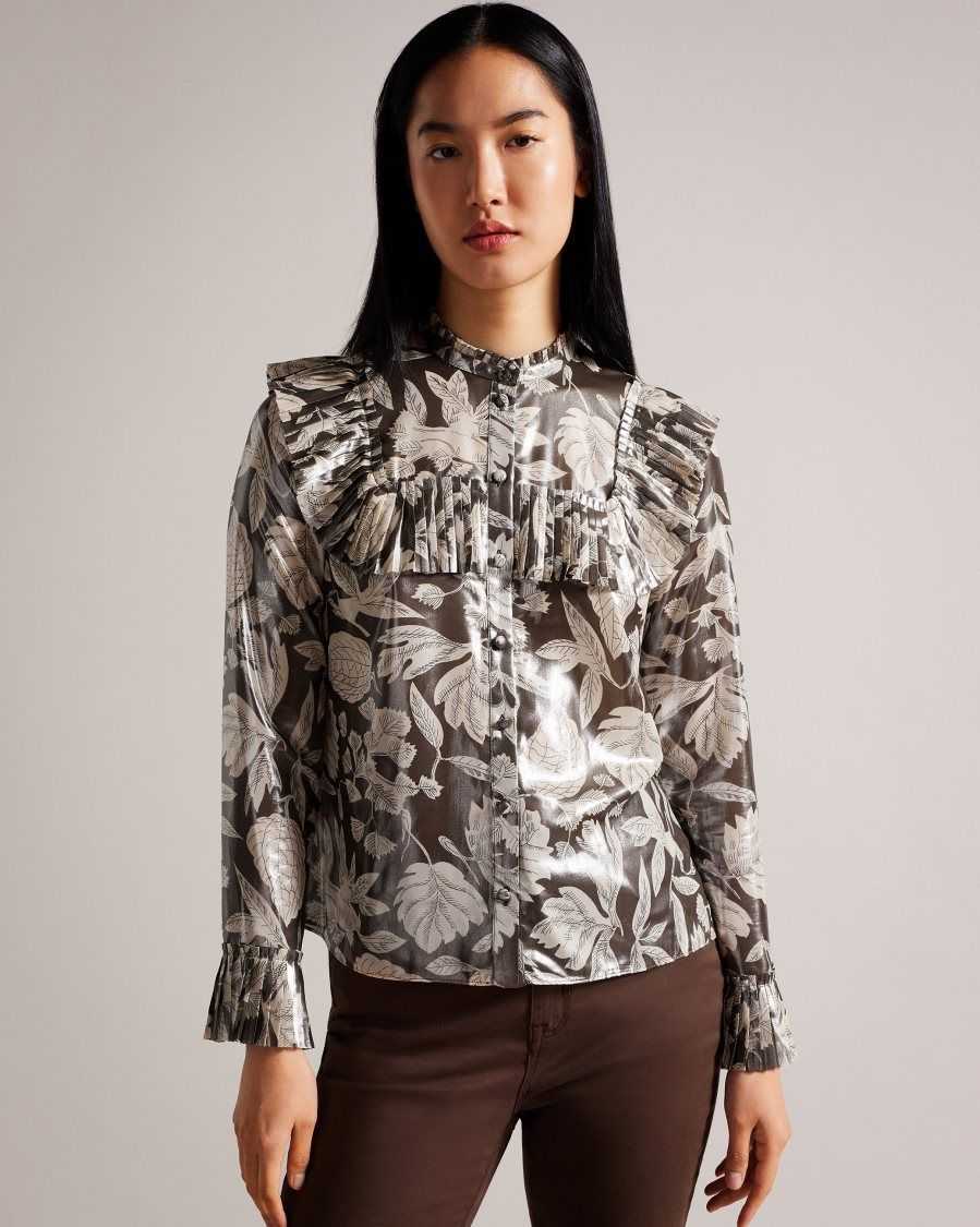 Ted Baker Dottiah Blouse With Ruffle Bib Detail Dark Brown | 5819372-NB