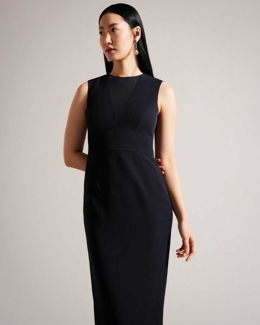 Ted Baker Elissii Midi Bodycon Dress With Sheer V-Neck Dark Navy | 5062741-BO