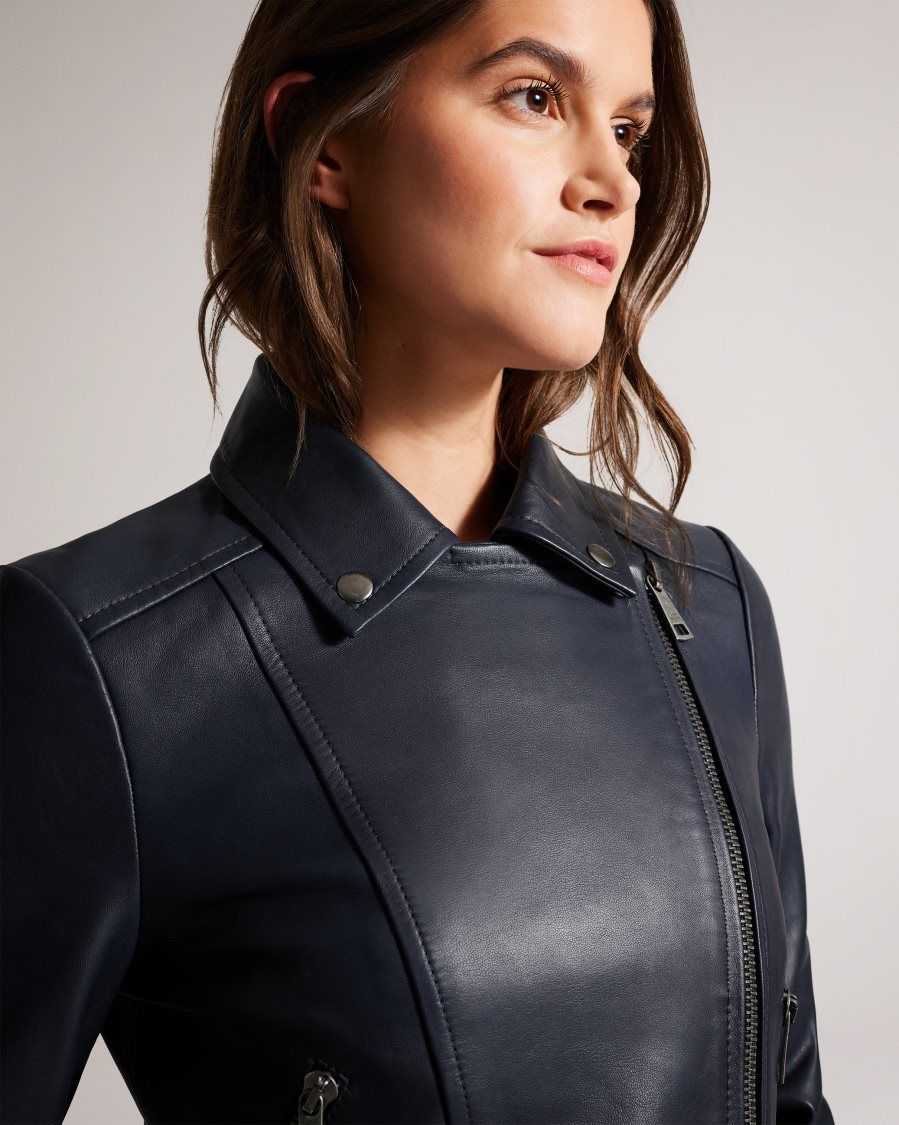 Ted Baker Ellaar Fitted Leather Biker Jacket Dark Navy | 0139674-OC