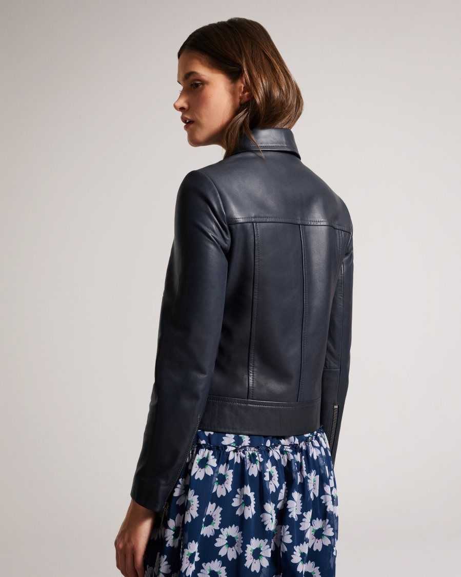 Ted Baker Ellaar Fitted Leather Biker Jacket Dark Navy | 0139674-OC