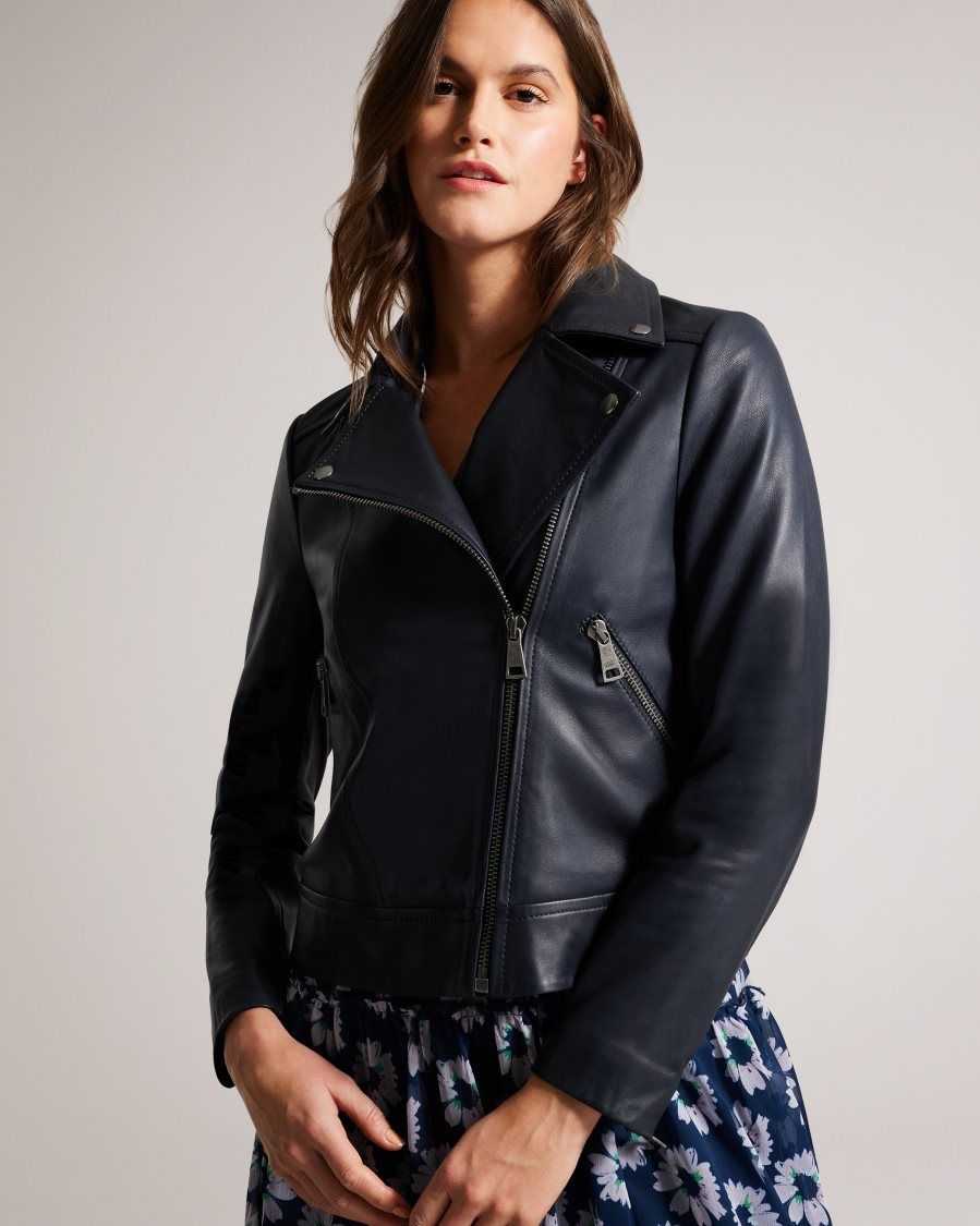 Ted Baker Ellaar Fitted Leather Biker Jacket Dark Navy | 0139674-OC