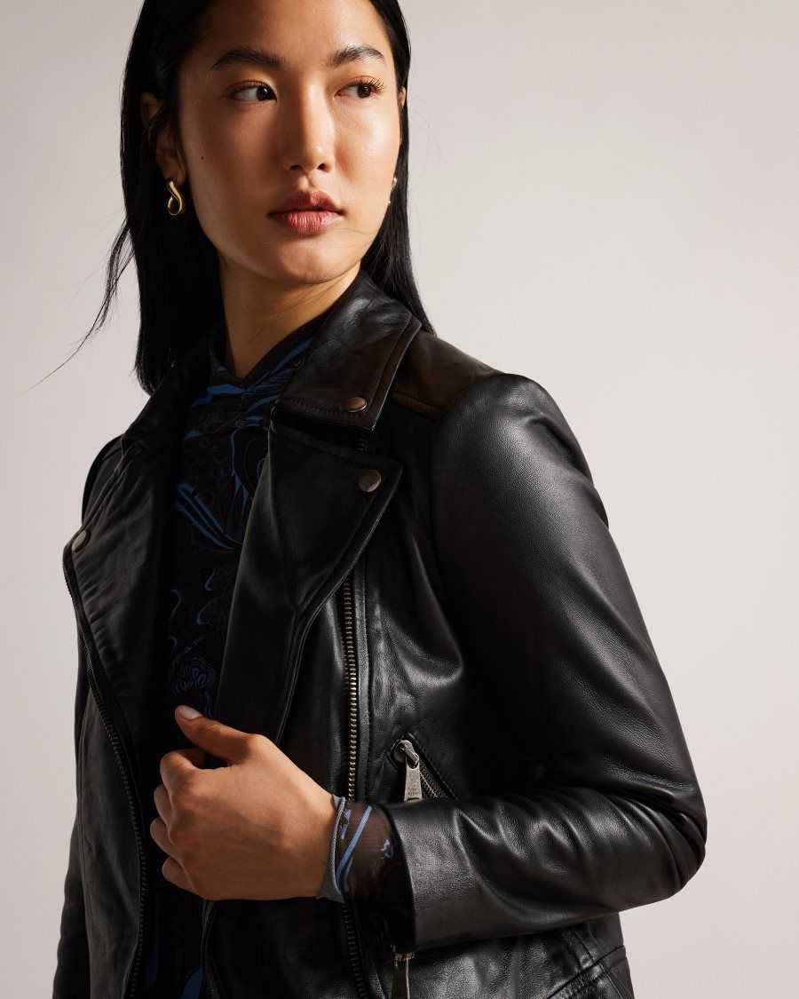 Ted Baker Ellaar Fitted Leather Biker Jacket Black | 3761429-AC