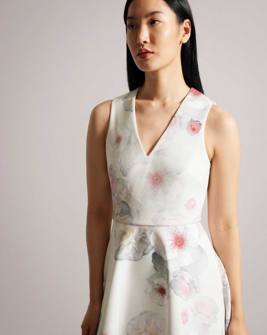 Ted Baker Emleey V-Neck Printed Skater Dress Natural | 2987634-ZF