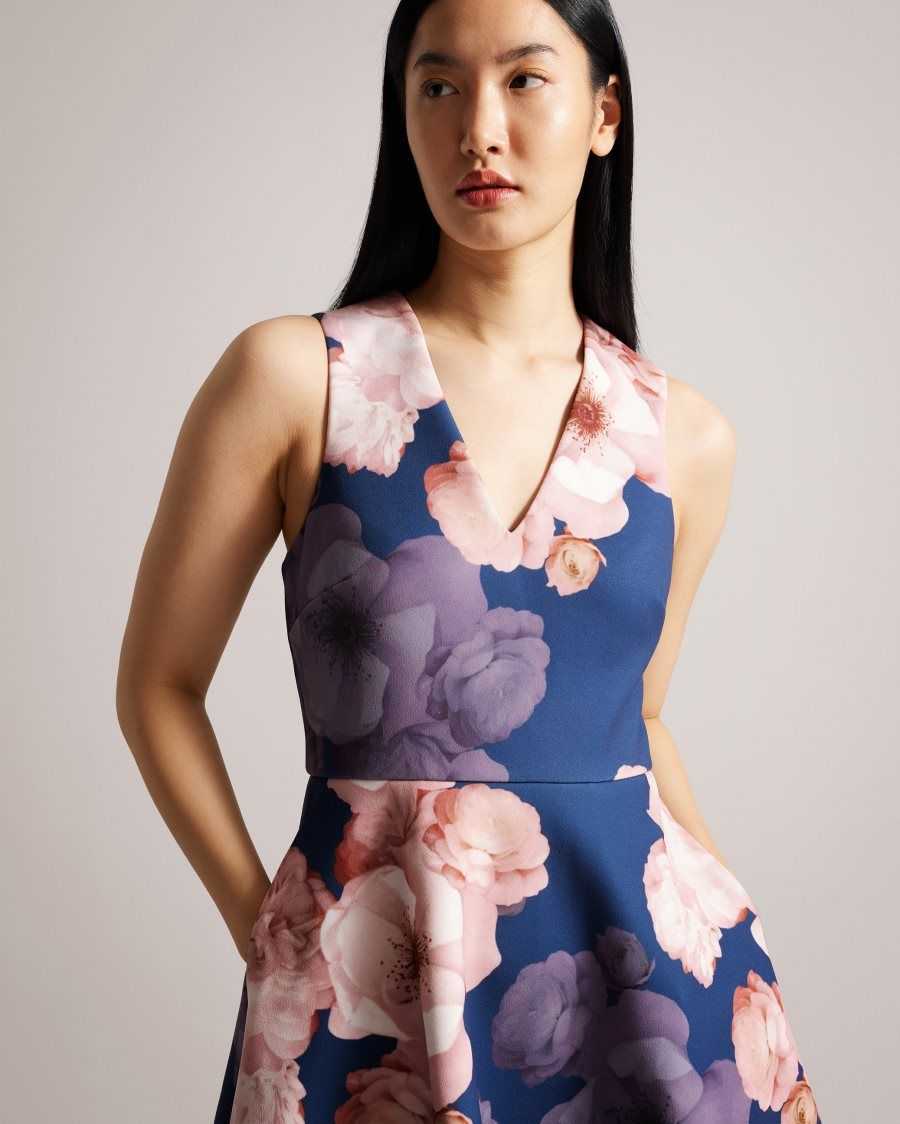 Ted Baker Emleey V-Neck Printed Skater Dress Dark Blue | 8043956-MJ