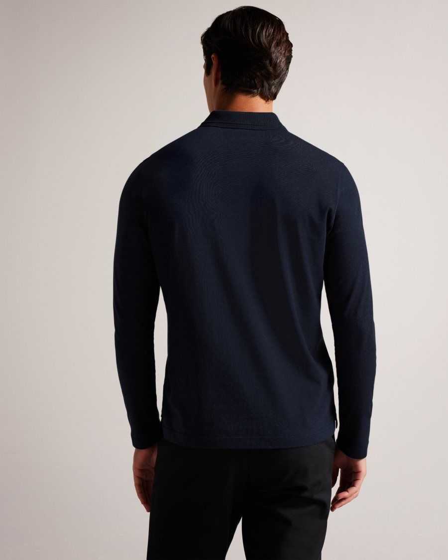 Ted Baker Enio Long Sleeve Cashmere Blend Polo Shirt Navy-Blue | 9780421-OV