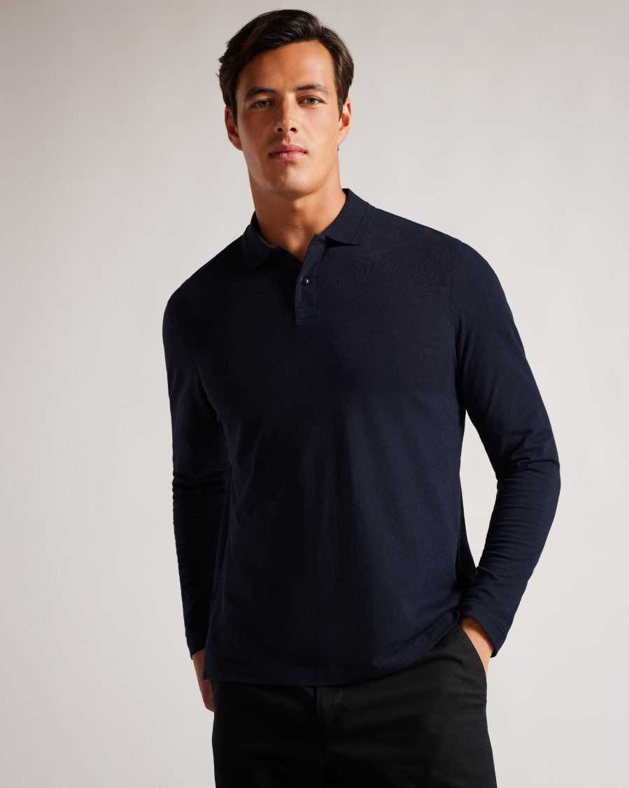 Ted Baker Enio Long Sleeve Cashmere Blend Polo Shirt Navy-Blue | 9780421-OV