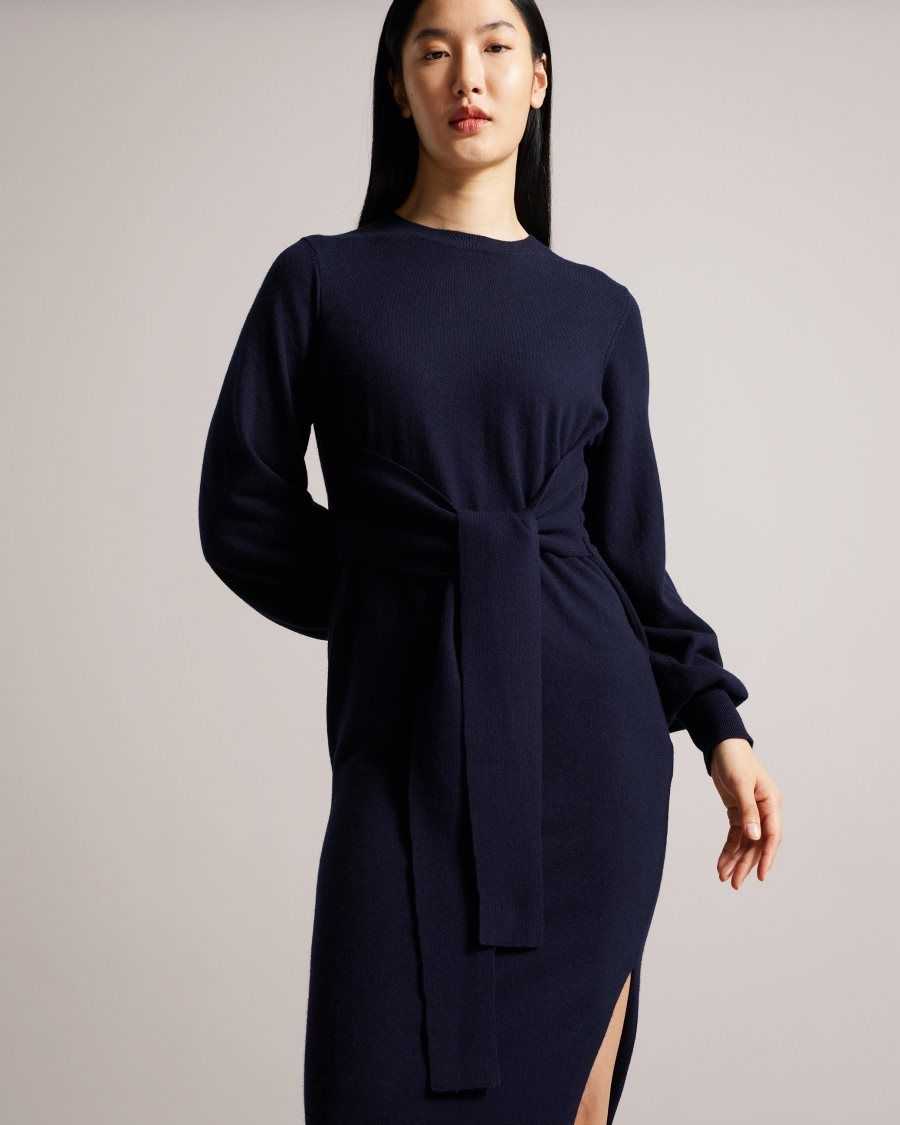 Ted Baker Essya Slouchy Tie Front Midi Knit Dress Dark Blue | 7902468-ZY