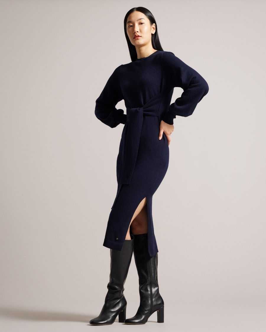 Ted Baker Essya Slouchy Tie Front Midi Knit Dress Dark Blue | 7902468-ZY