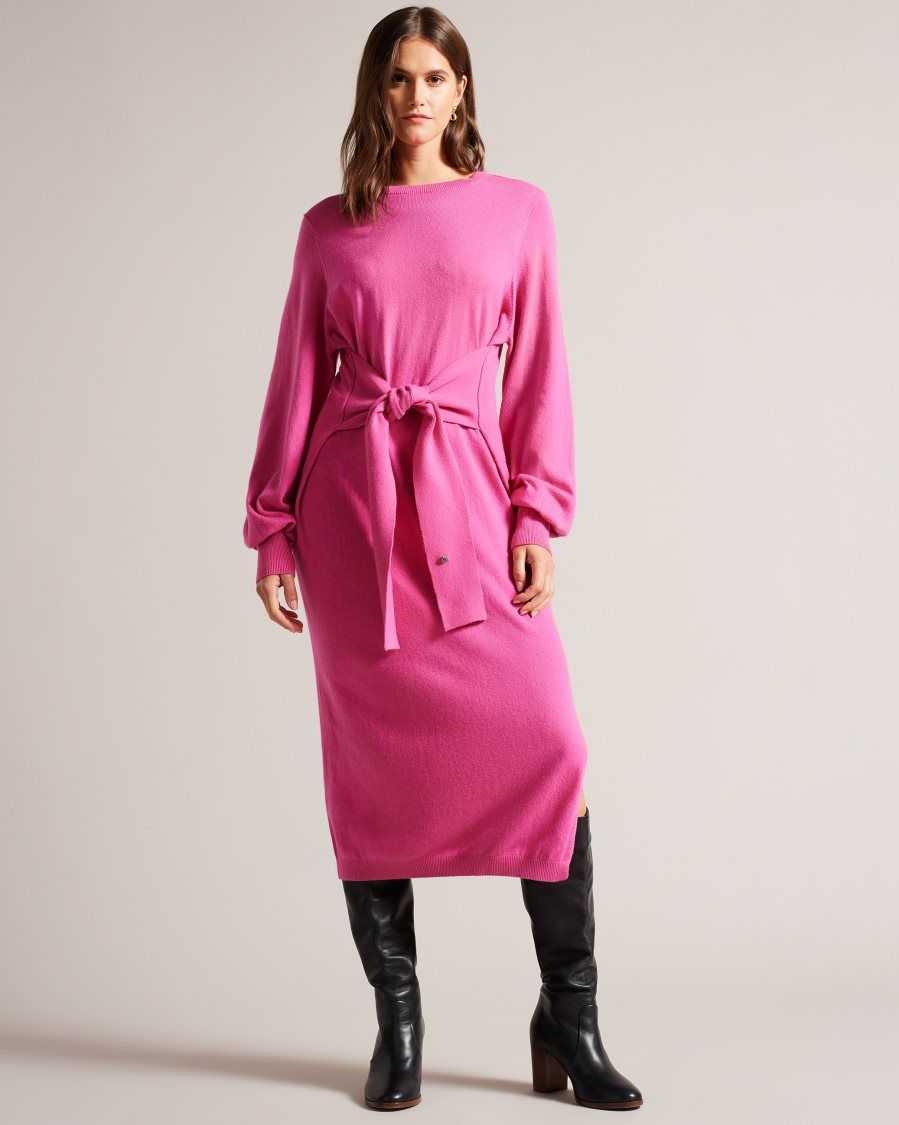 Ted Baker Essya Slouchy Tie Front Midi Knit Dress Bright Pink | 8345297-EV