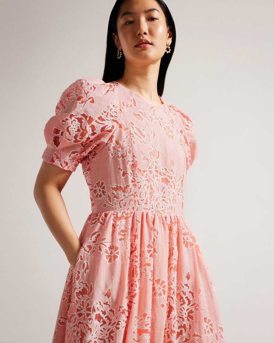 Ted Baker Esthher Puff Sleeve Tiered Midi Dress Coral | 6157498-US