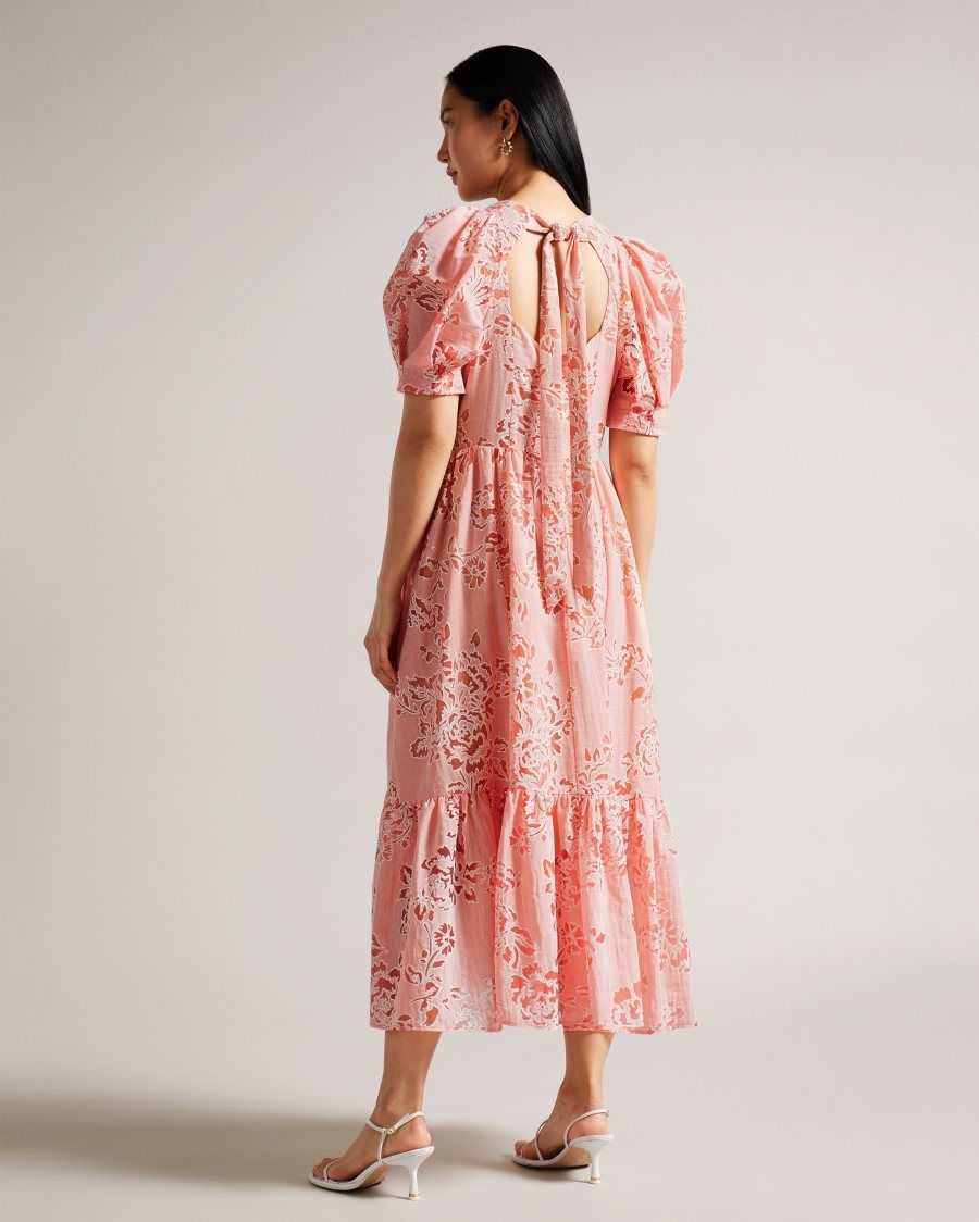 Ted Baker Esthher Puff Sleeve Tiered Midi Dress Coral | 6157498-US