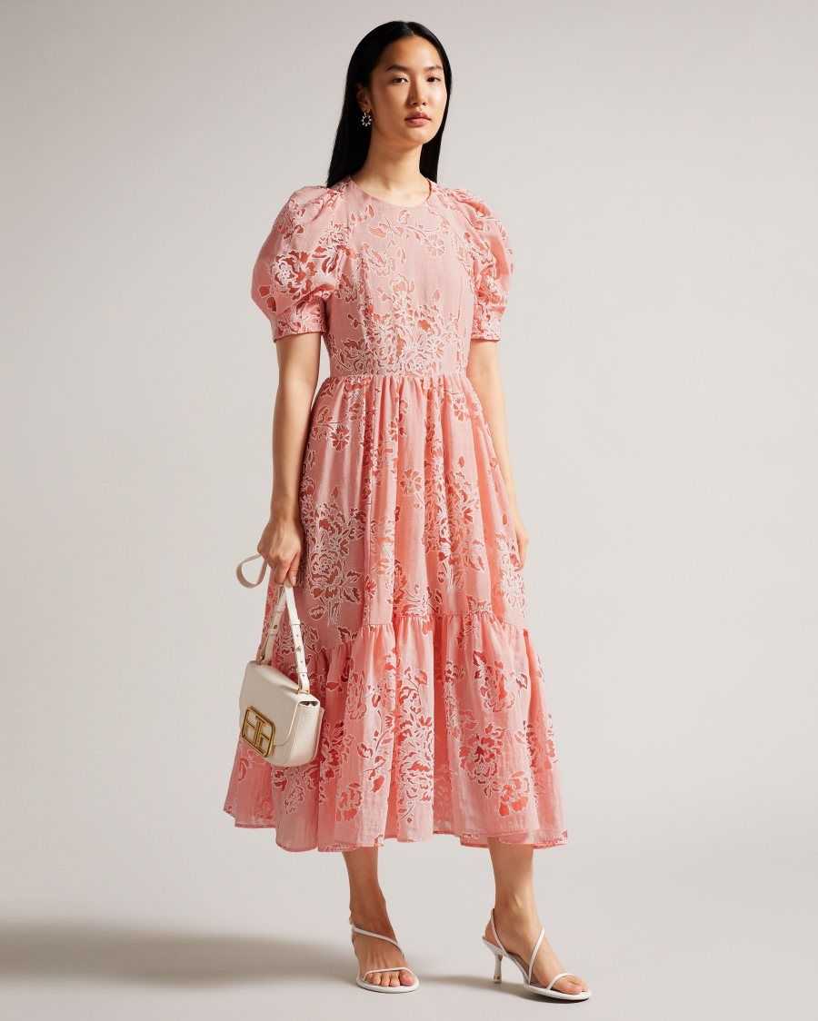 Ted Baker Esthher Puff Sleeve Tiered Midi Dress Coral | 6157498-US