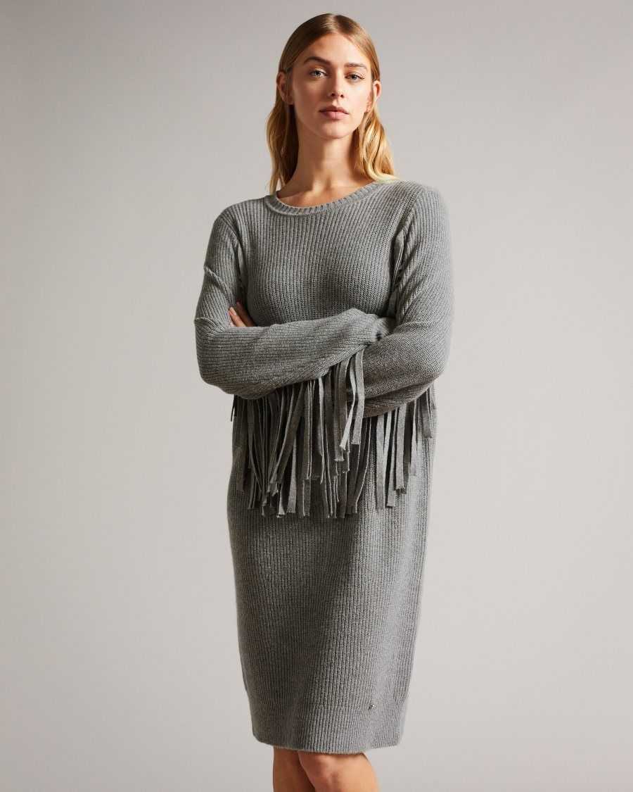 Ted Baker Friidah Knitted coccoon dress with fringe trim Medium Grey | 6142805-YL