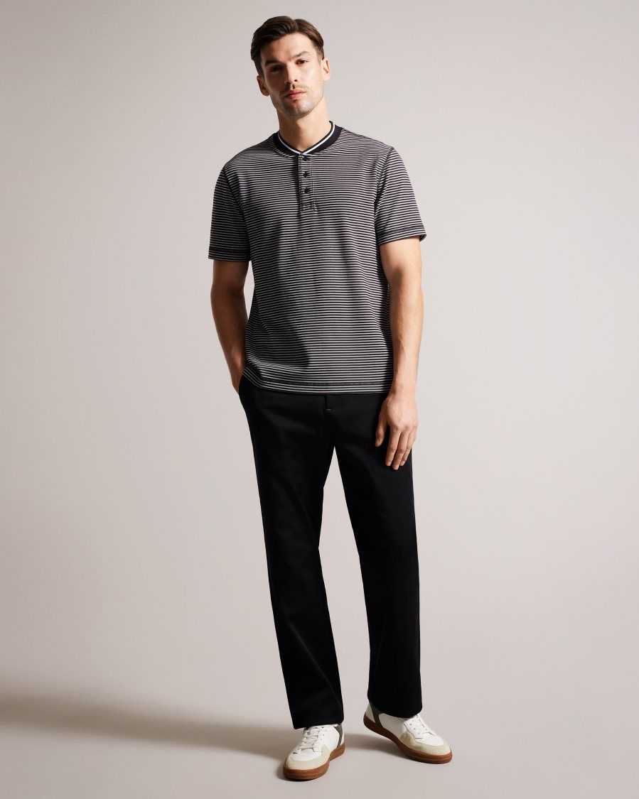 Ted Baker Garnerr Striped Polo Shirt With Grandad Collar Black | 0185923-BN