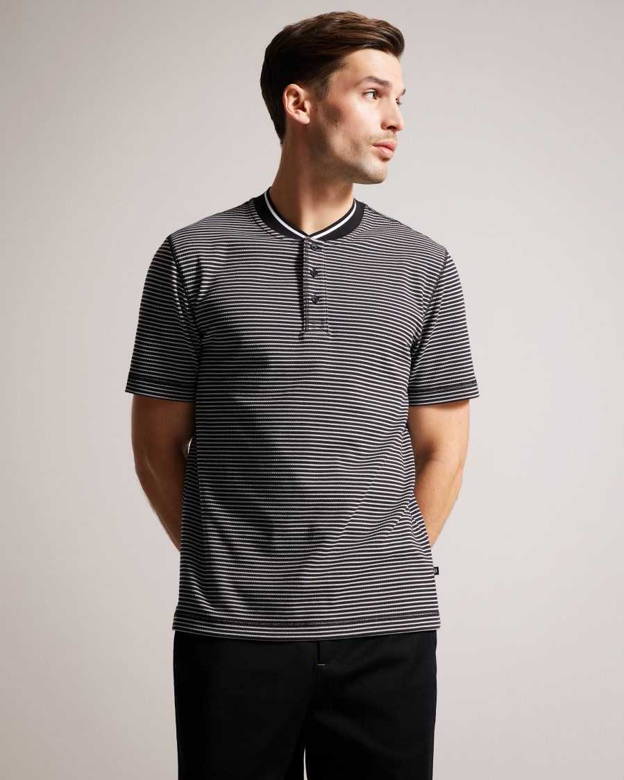 Ted Baker Garnerr Striped Polo Shirt With Grandad Collar Black | 0185923-BN