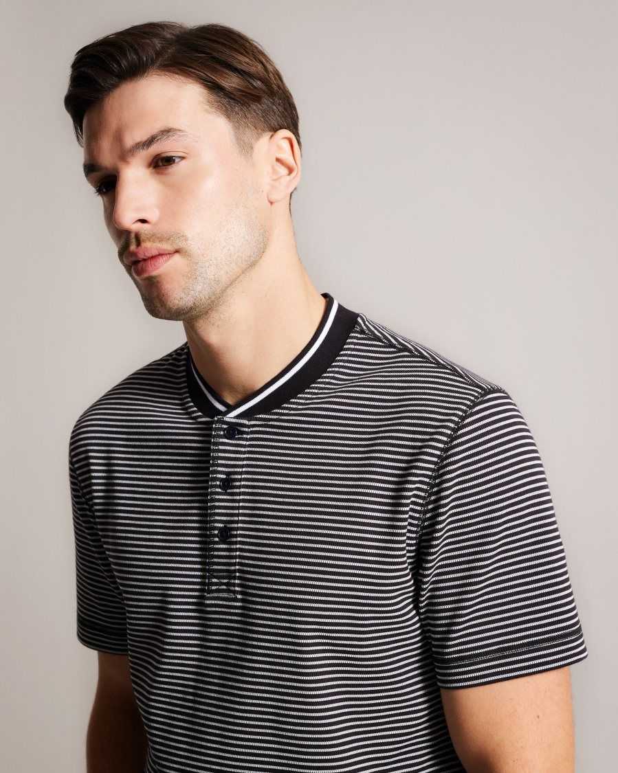 Ted Baker Garnerr Striped Polo Shirt With Grandad Collar Black | 0185923-BN