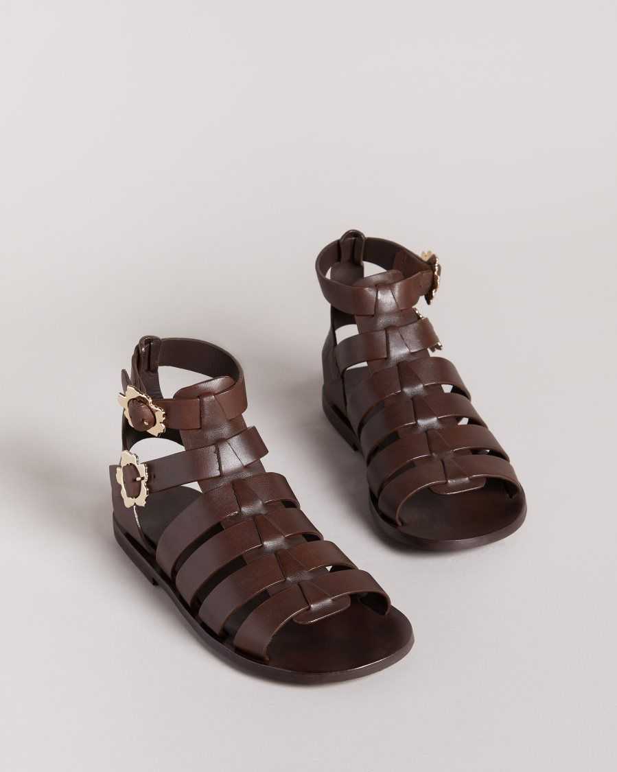 Ted Baker Graycey Leather Flat Gladiator Sandals Dark Brown | 0128397-GI