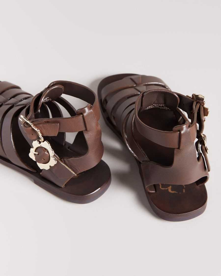 Ted Baker Graycey Leather Flat Gladiator Sandals Dark Brown | 0128397-GI