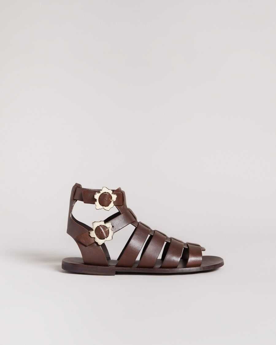 Ted Baker Graycey Leather Flat Gladiator Sandals Dark Brown | 0128397-GI