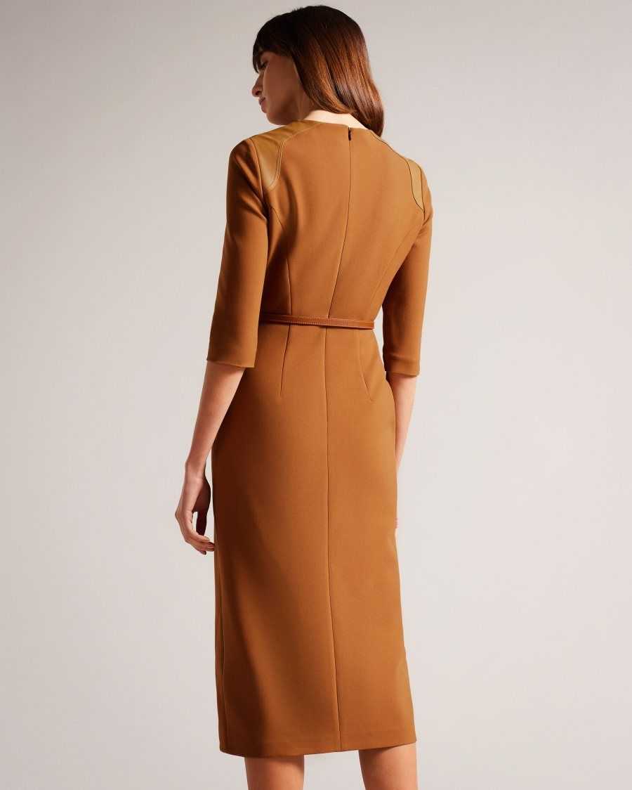 Ted Baker Halleid Pencil Dress With Faux Leather Panelling Camel | 1970435-WC