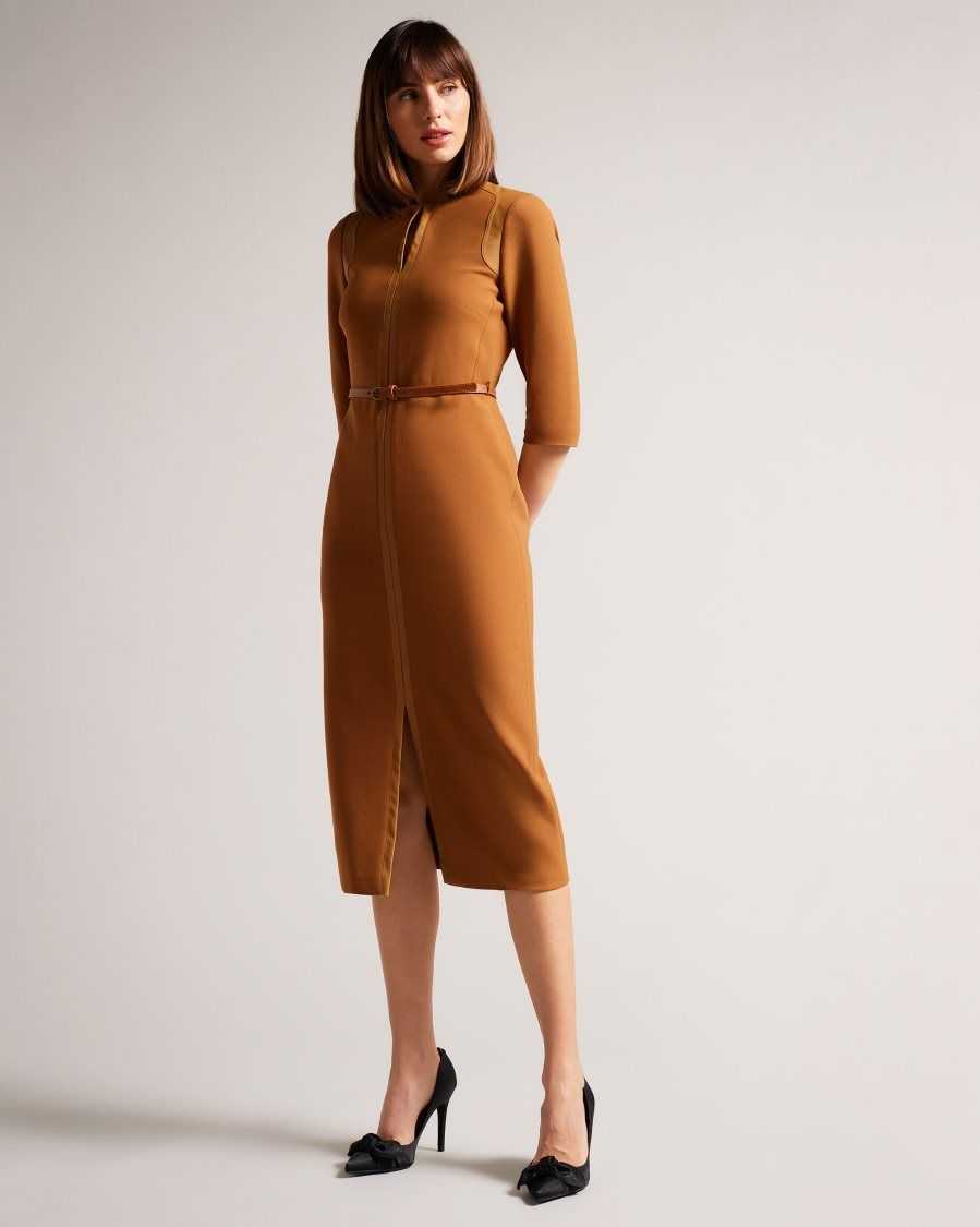 Ted Baker Halleid Pencil Dress With Faux Leather Panelling Camel | 1970435-WC