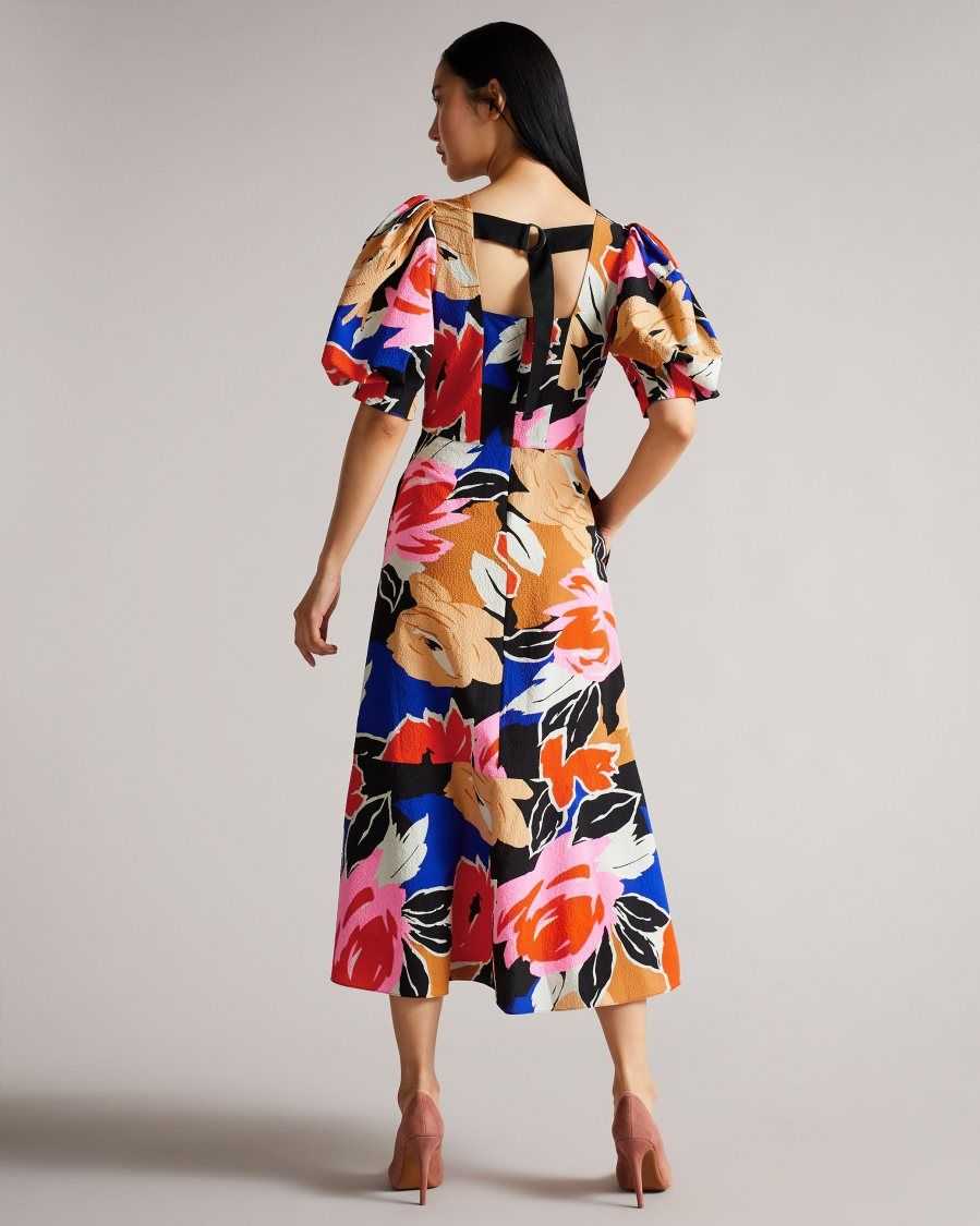 Ted Baker Harpia Floral Print Midi Dress Black | 5327419-LR