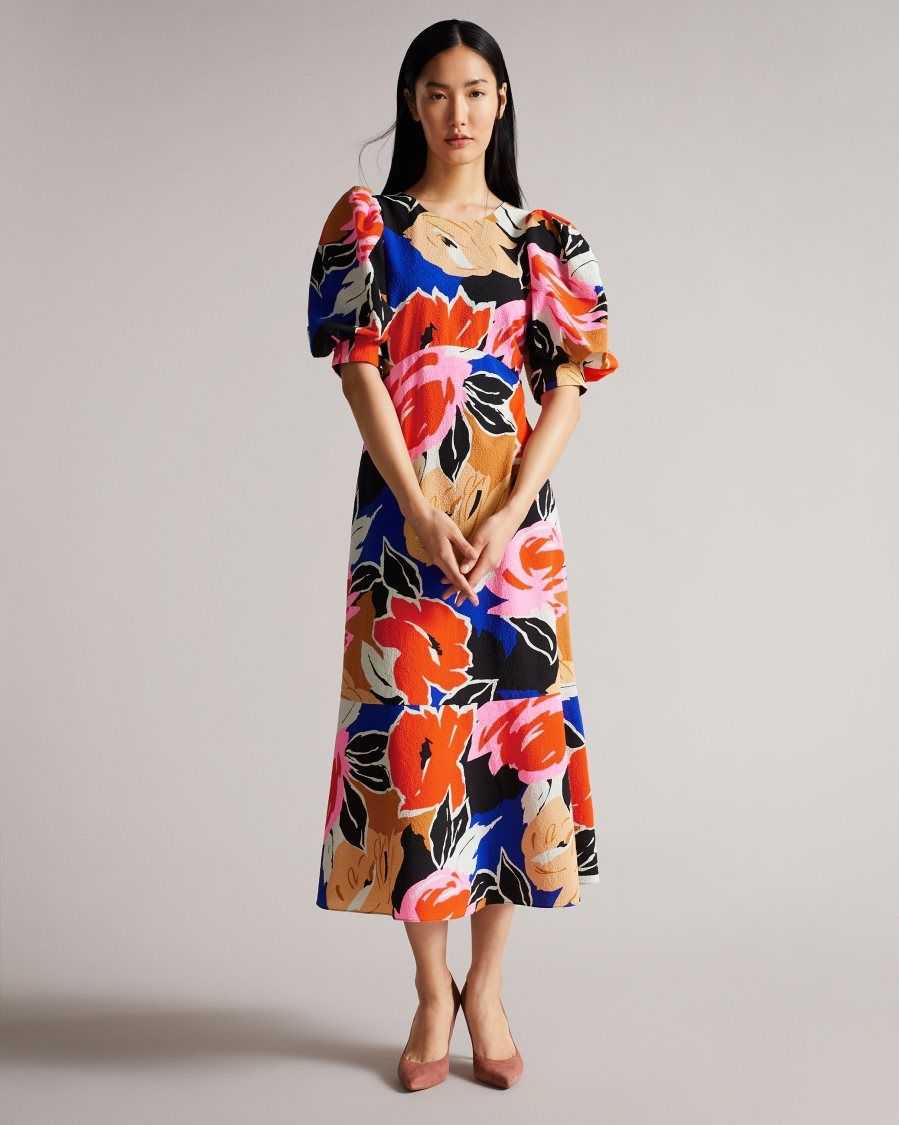 Ted Baker Harpia Floral Print Midi Dress Black | 5327419-LR