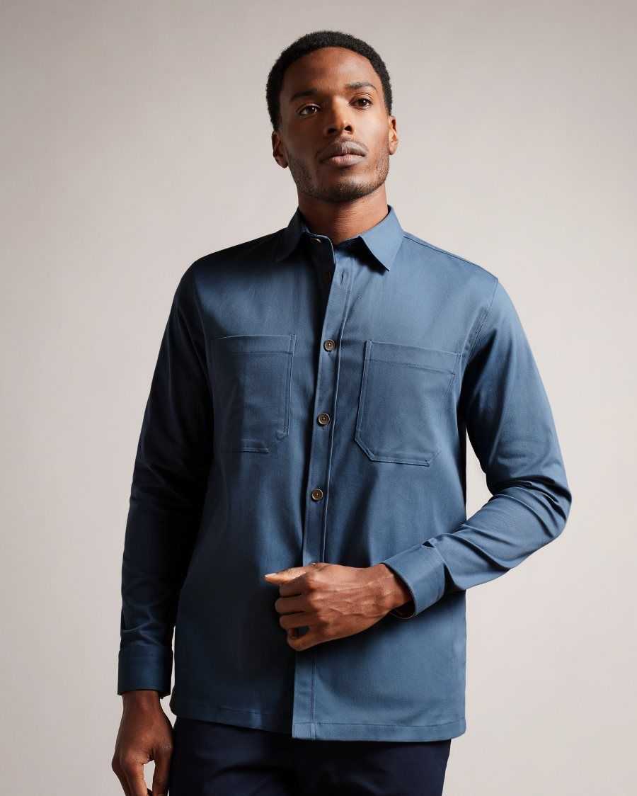 Ted Baker Hasting Long Sleeve Twill Overshirt Medium Blue | 3798510-EW