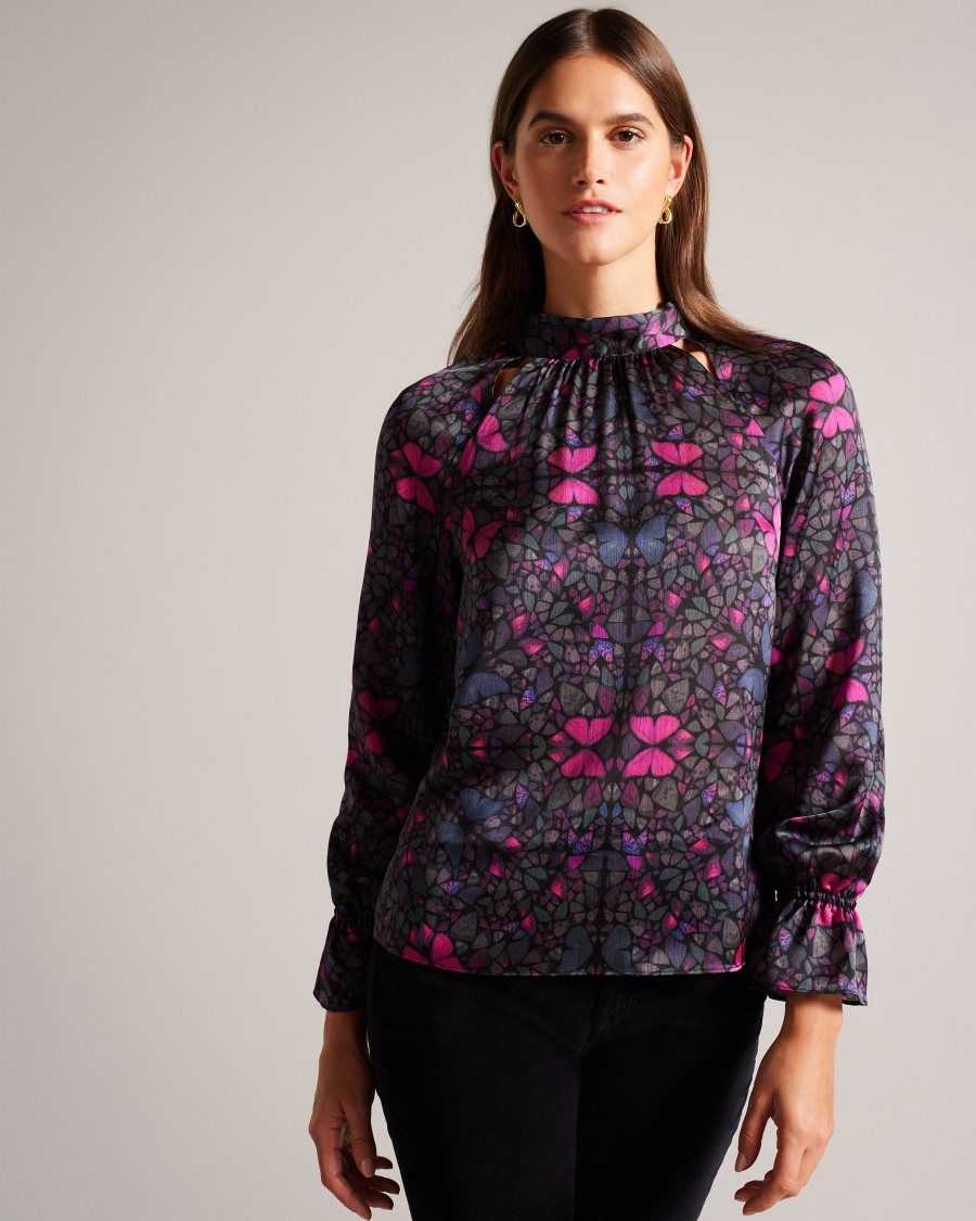 Ted Baker Heiydii High Neck Satin Butterfly Print Blouse Black | 3964712-SY