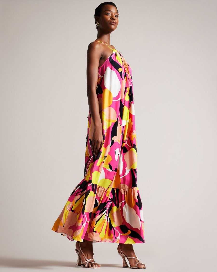 Ted Baker Ikella Abstract Print Pleated Halter Maxi Dress Bright Pink | 9137864-JZ