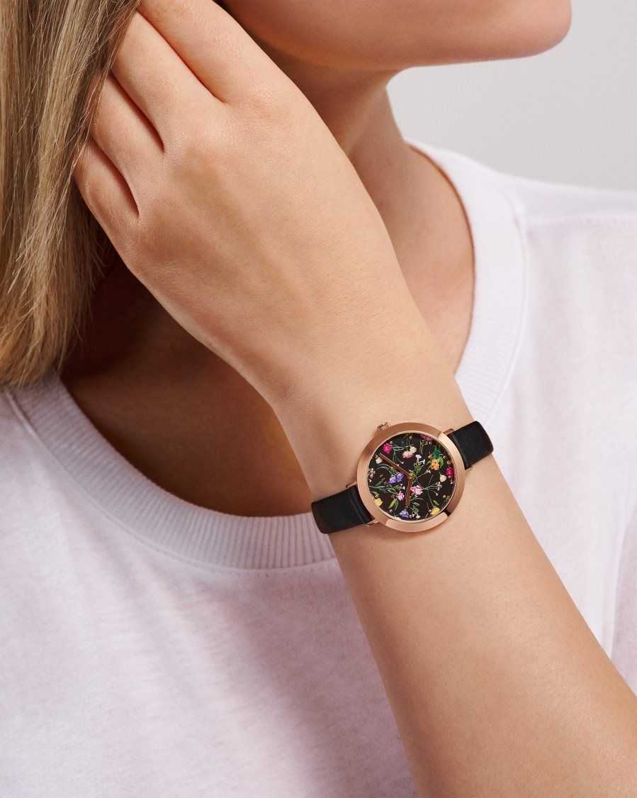 Ted Baker Isidoro Floral Print Watch With Leather Strap Black | 1062583-FI