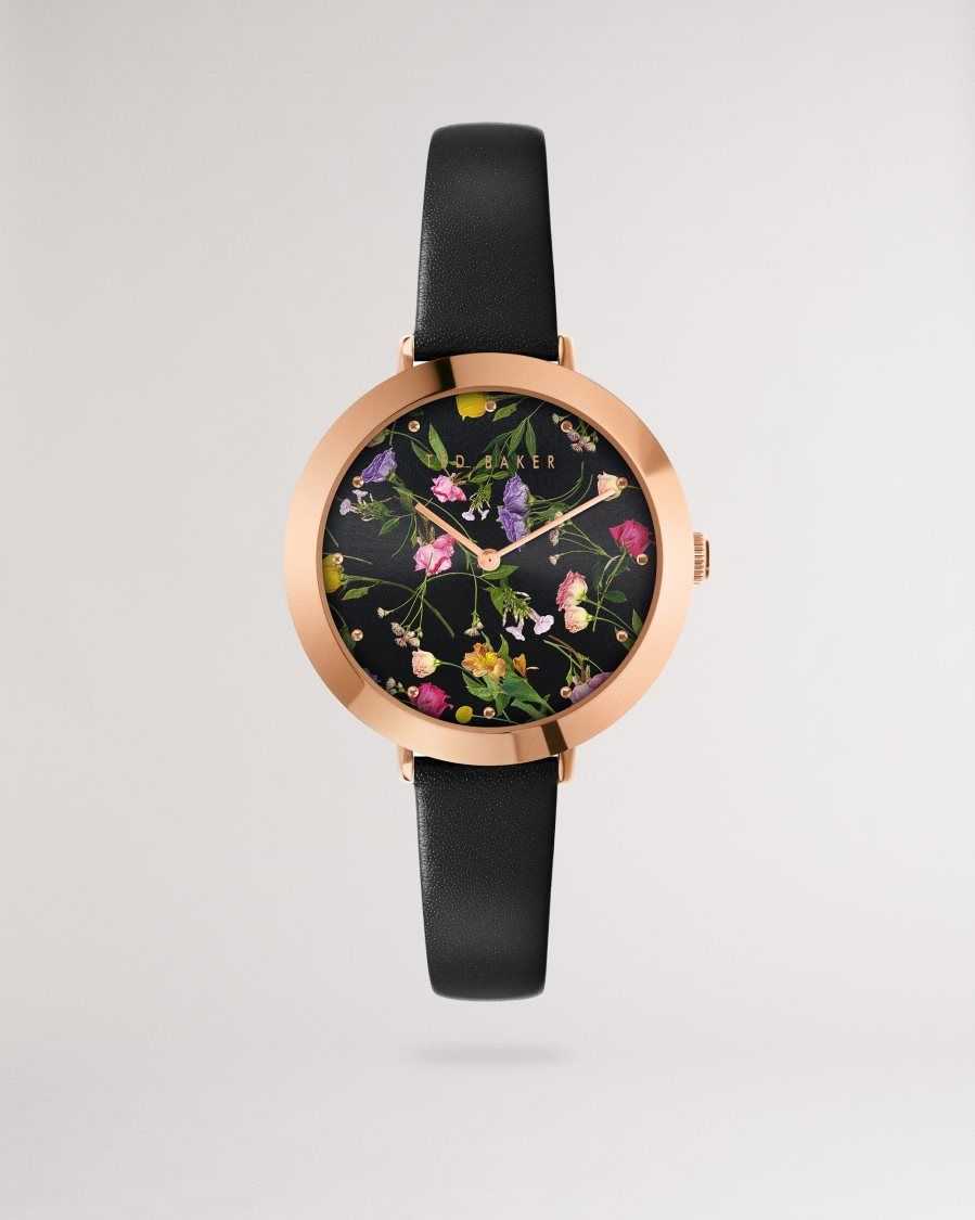 Ted Baker Isidoro Floral Print Watch With Leather Strap Black | 1062583-FI