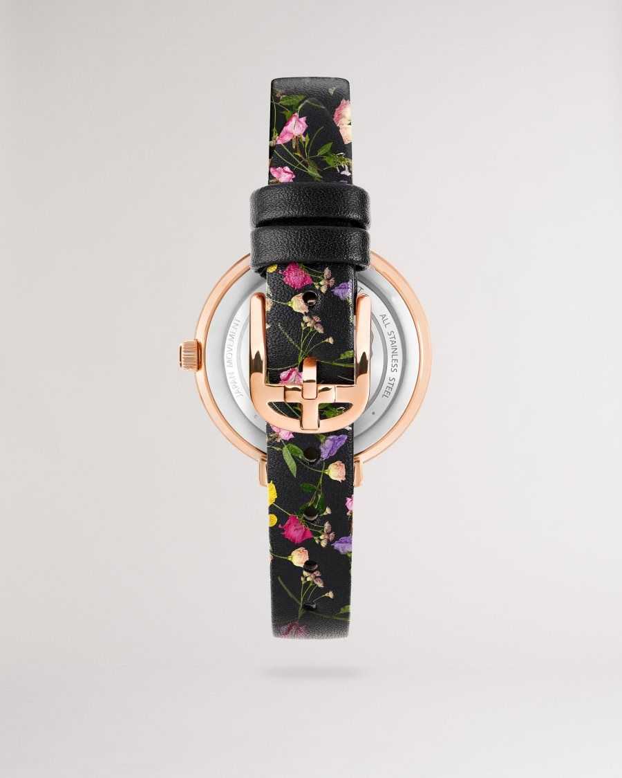 Ted Baker Isidory Floral Print Leather Strap Watch Black | 9275341-UF