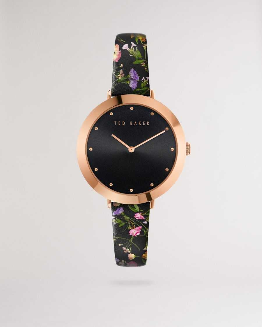 Ted Baker Isidory Floral Print Leather Strap Watch Black | 9275341-UF