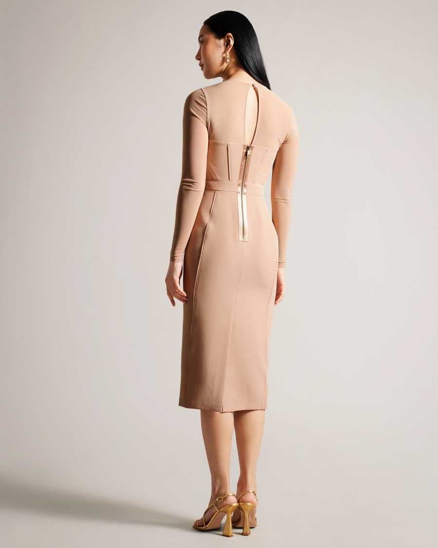 Ted Baker Ivylou Bodycon Midi Dress With Sheer Sleeves Nude | 3175460-UR