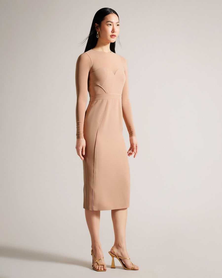 Ted Baker Ivylou Bodycon Midi Dress With Sheer Sleeves Nude | 3175460-UR