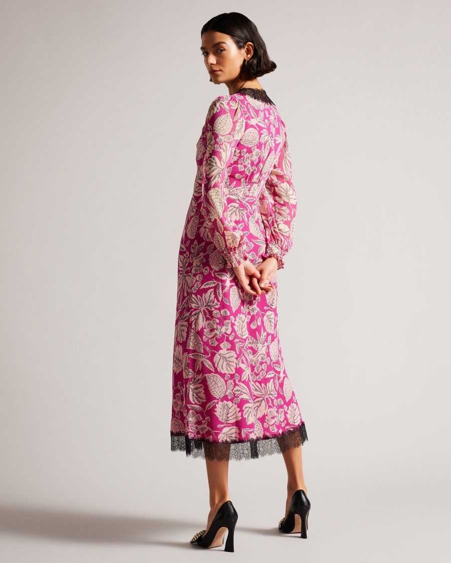 Ted Baker Izobele Long Sleeve Midi Dress With Lace Trim Bright Pink | 0469582-TI