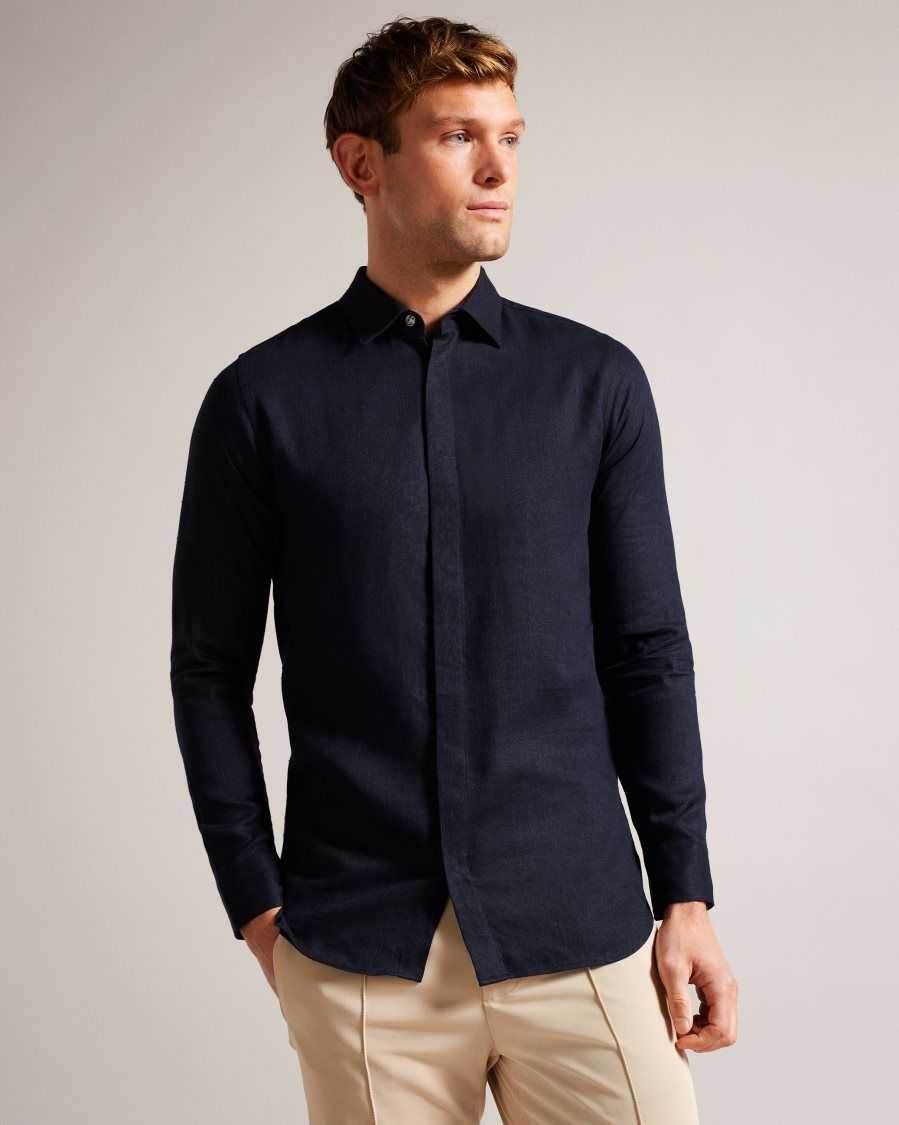 Ted Baker Jasperr Linen Blend Herringbone Shirt Navy | 1098673-HP