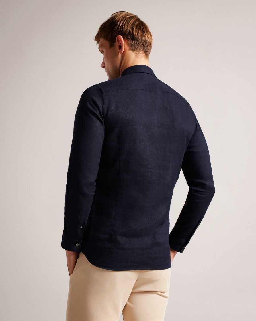 Ted Baker Jasperr Linen Blend Herringbone Shirt Navy | 1098673-HP