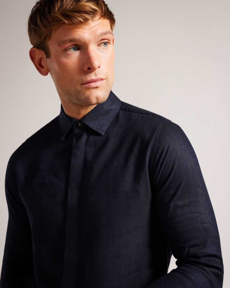 Ted Baker Jasperr Linen Blend Herringbone Shirt Navy | 1098673-HP