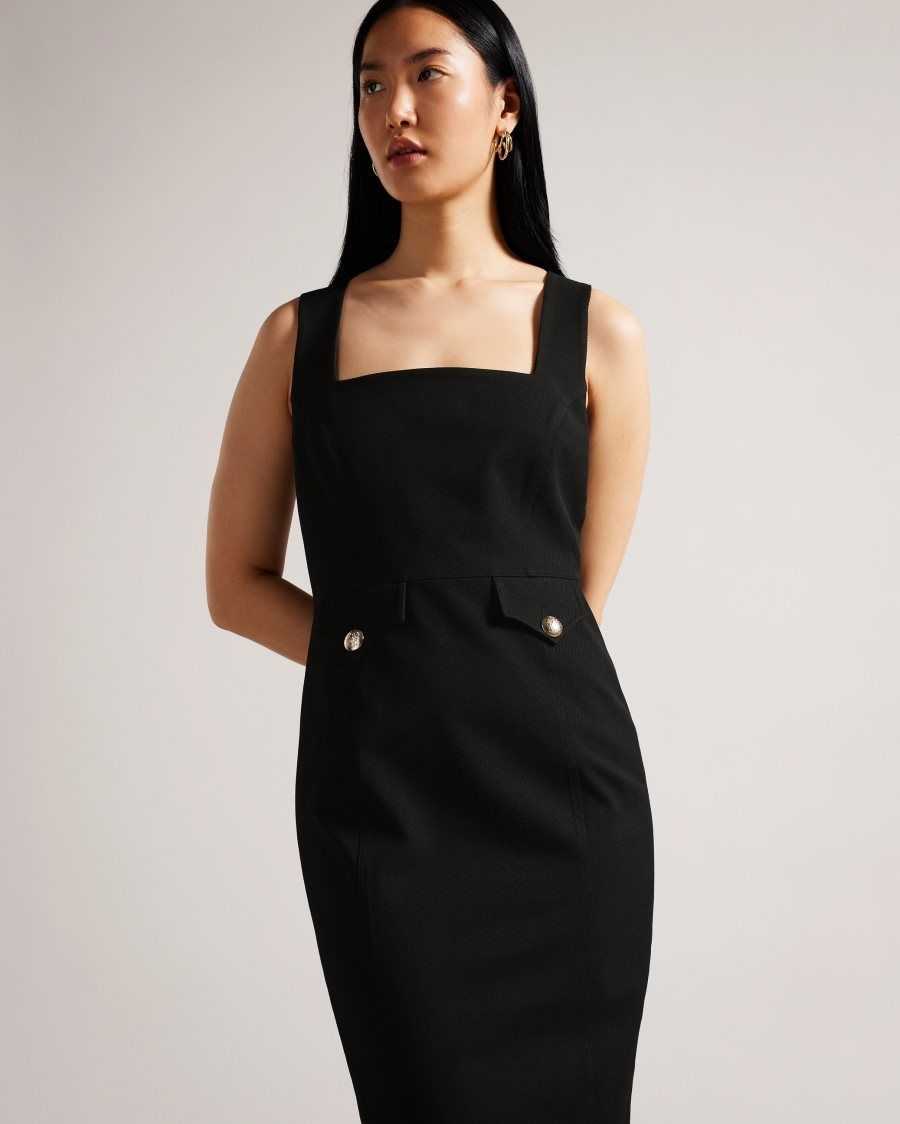 Ted Baker Josiaa Square Neck Military Detail Midi Dress Black | 4657139-NS