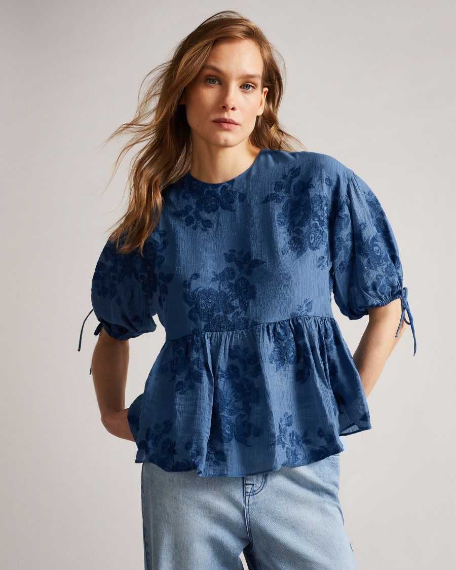 Ted Baker Kaarin Exaggerated Puff Sleeve Top Dark Blue | 2503714-RD