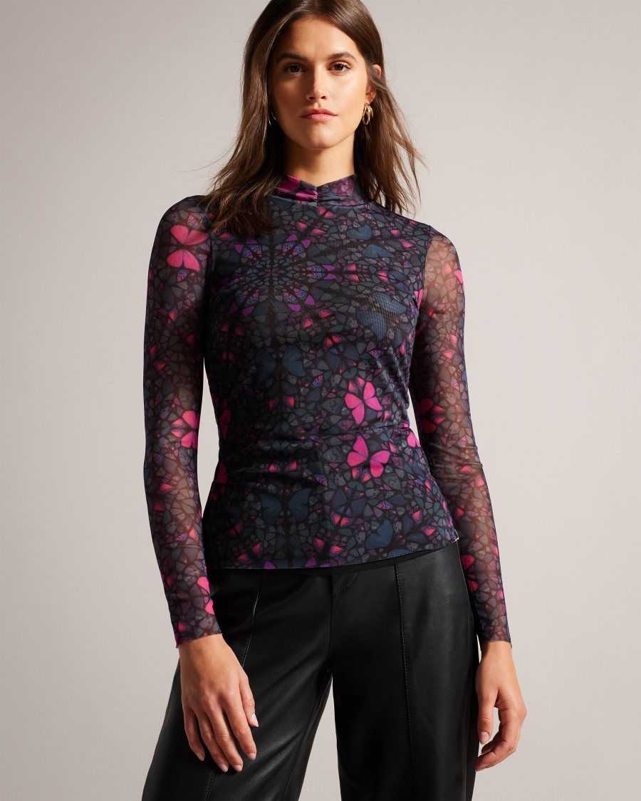 Ted Baker Kamill Mesh Fitted Top With High Neck Black | 0467859-AK