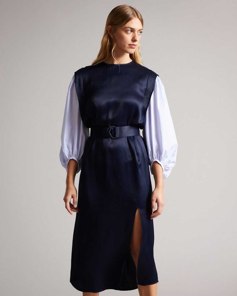 Ted Baker Kaytei Belted Midi Dress With Puff Sleeve Navy | 7832041-RL