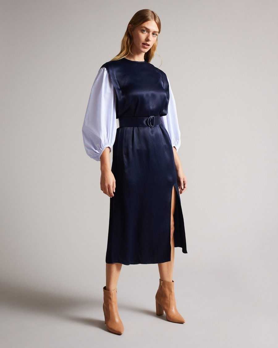 Ted Baker Kaytei Belted Midi Dress With Puff Sleeve Navy | 7832041-RL