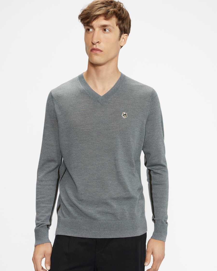 Ted Baker Kenton Merino Wool Contrast Detail Knitted Jumper Charcoal | 5879420-JC