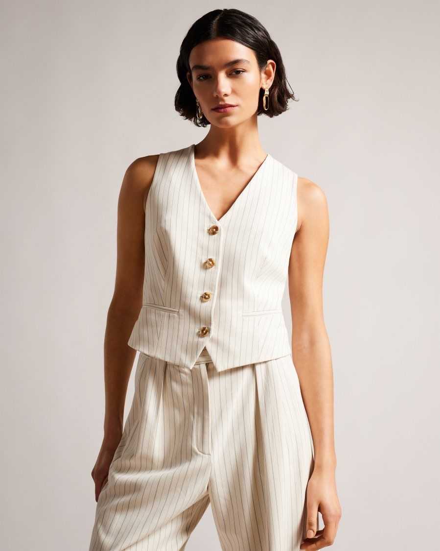 Ted Baker Kllaraj V Neck Fitted Waistcoat Cream | 6324185-EO