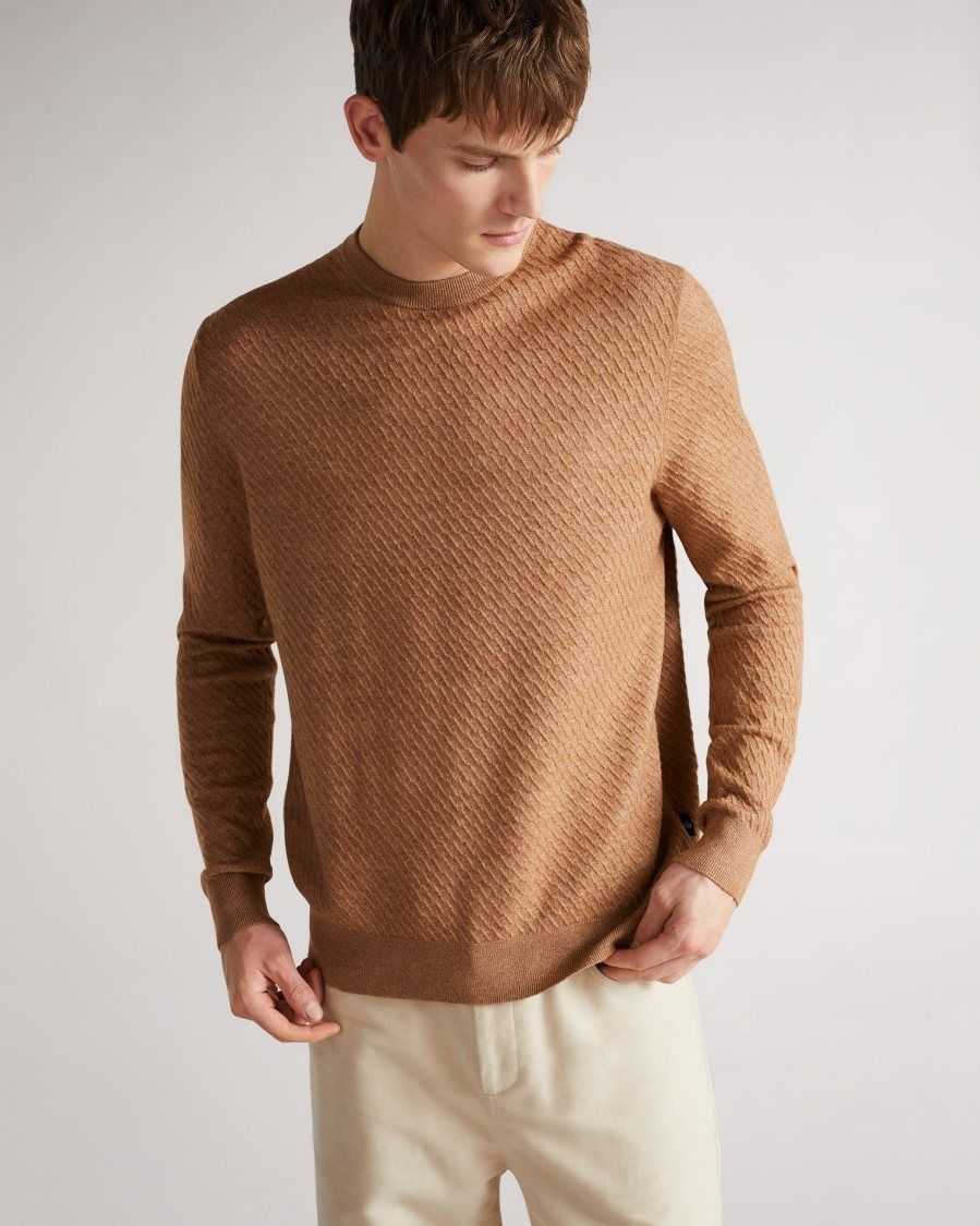 Ted Baker Knares LS Textured Crew Neck Jumper Tan-White | 7380415-CZ