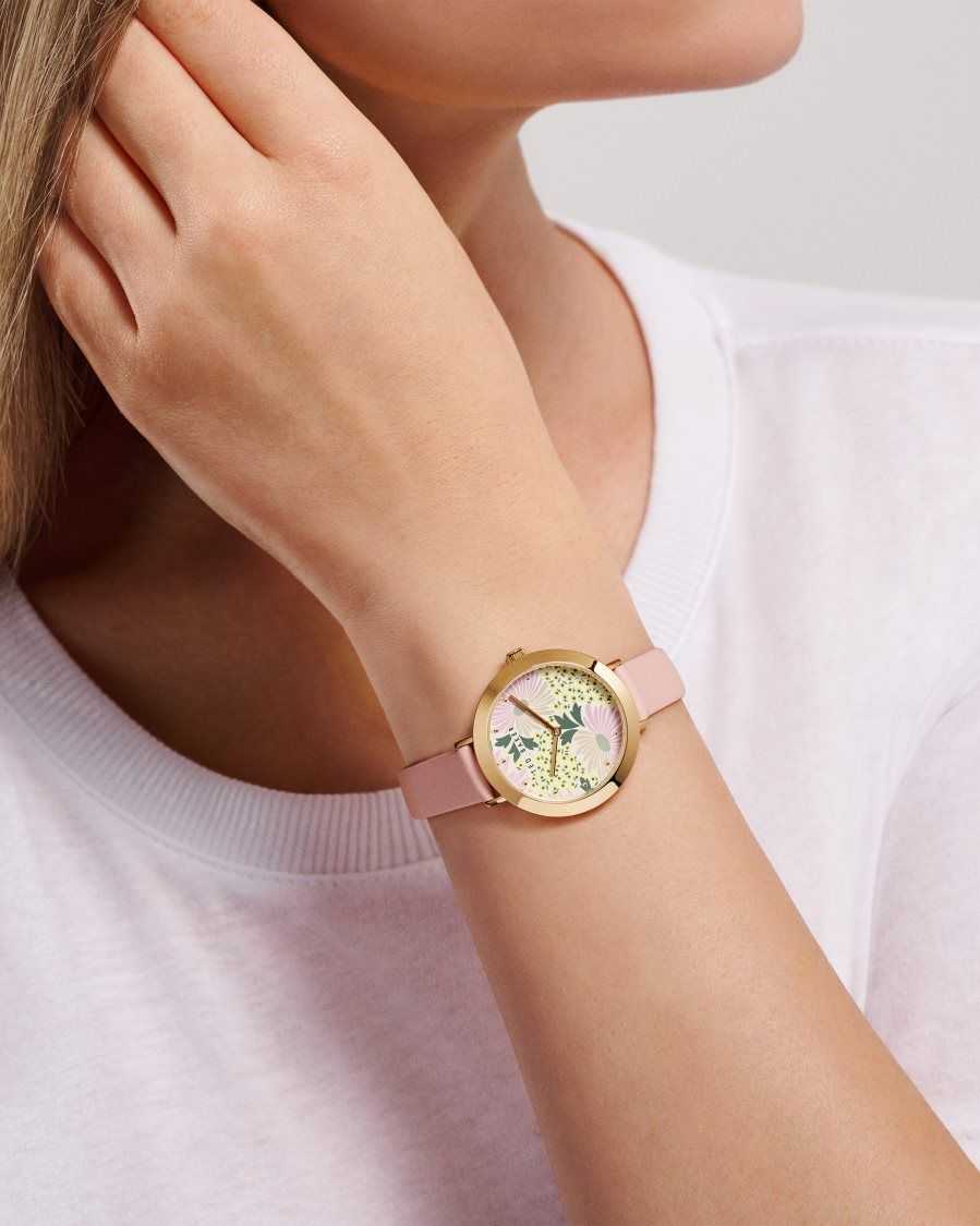 Ted Baker Lesedi Daisy Print Dial Leather Strap Watch Pink | 5026489-NT